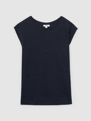 Linen Cap-Sleeve T-Shirt Navy | Womens
