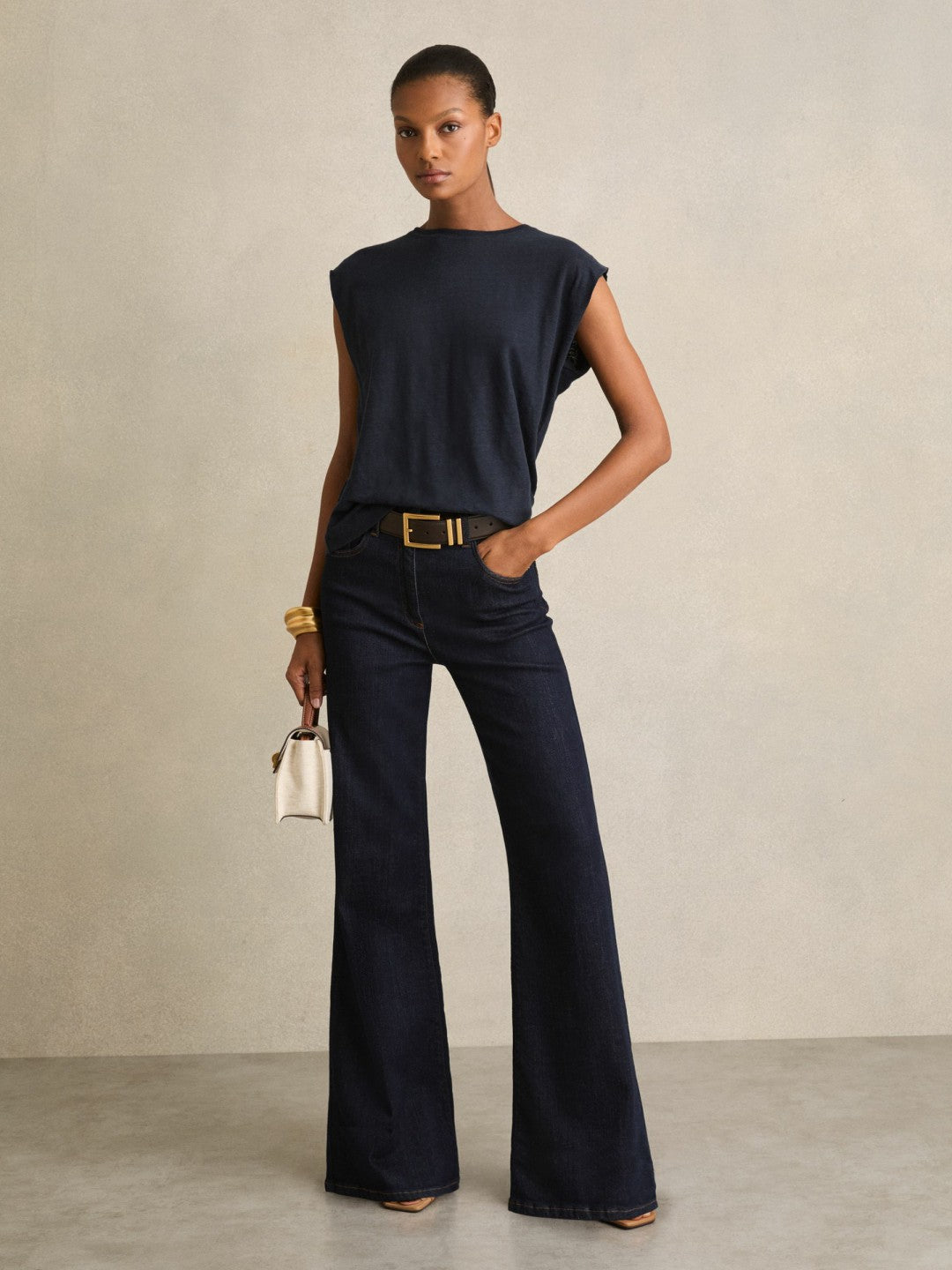 Linen Cap-Sleeve T-Shirt Navy | Womens