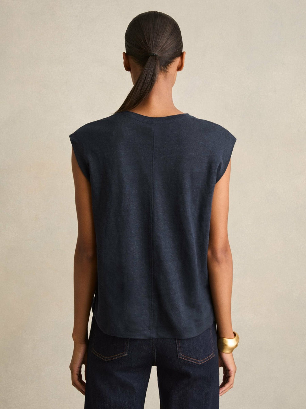 Linen Cap-Sleeve T-Shirt Navy | Womens
