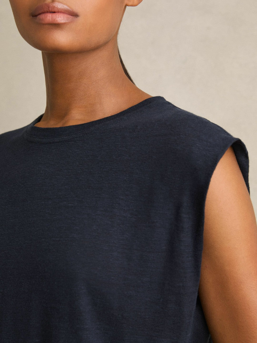 Linen Cap-Sleeve T-Shirt Navy | Womens