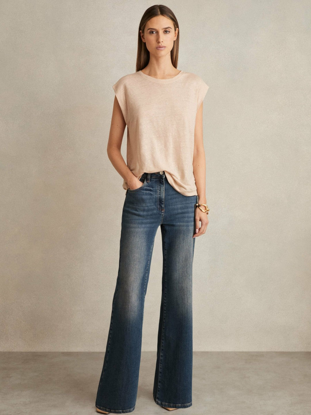Linen Cap-Sleeve T-Shirt Peach | Womens