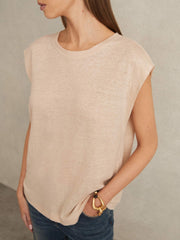Linen Cap-Sleeve T-Shirt Peach | Womens