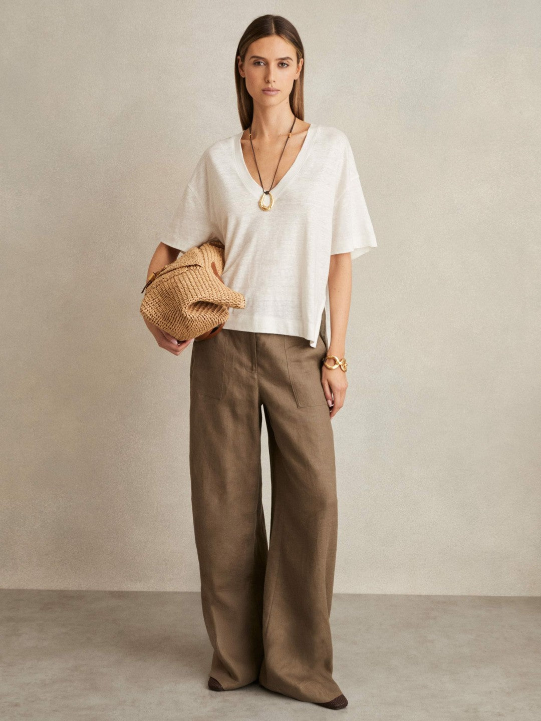 Linen V-Neck T-Shirt White | Womens