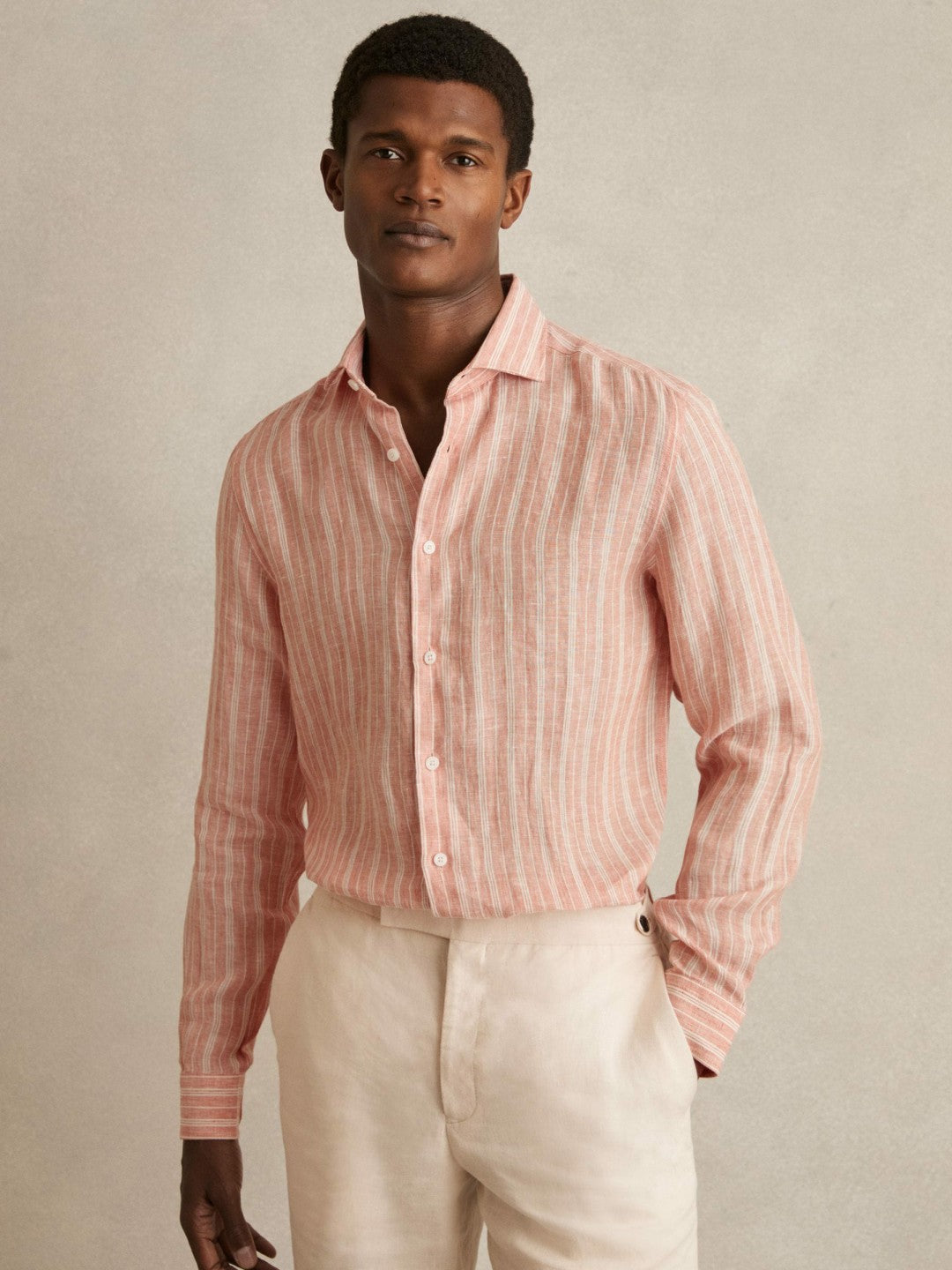 Linen Striped Long Sleeve Shirt Pink Rose/White Bengal Stripe | Mens