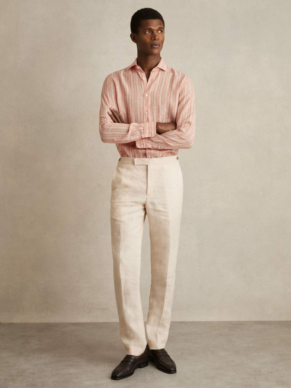 Linen Striped Long Sleeve Shirt Pink Rose/White Bengal Stripe | Mens