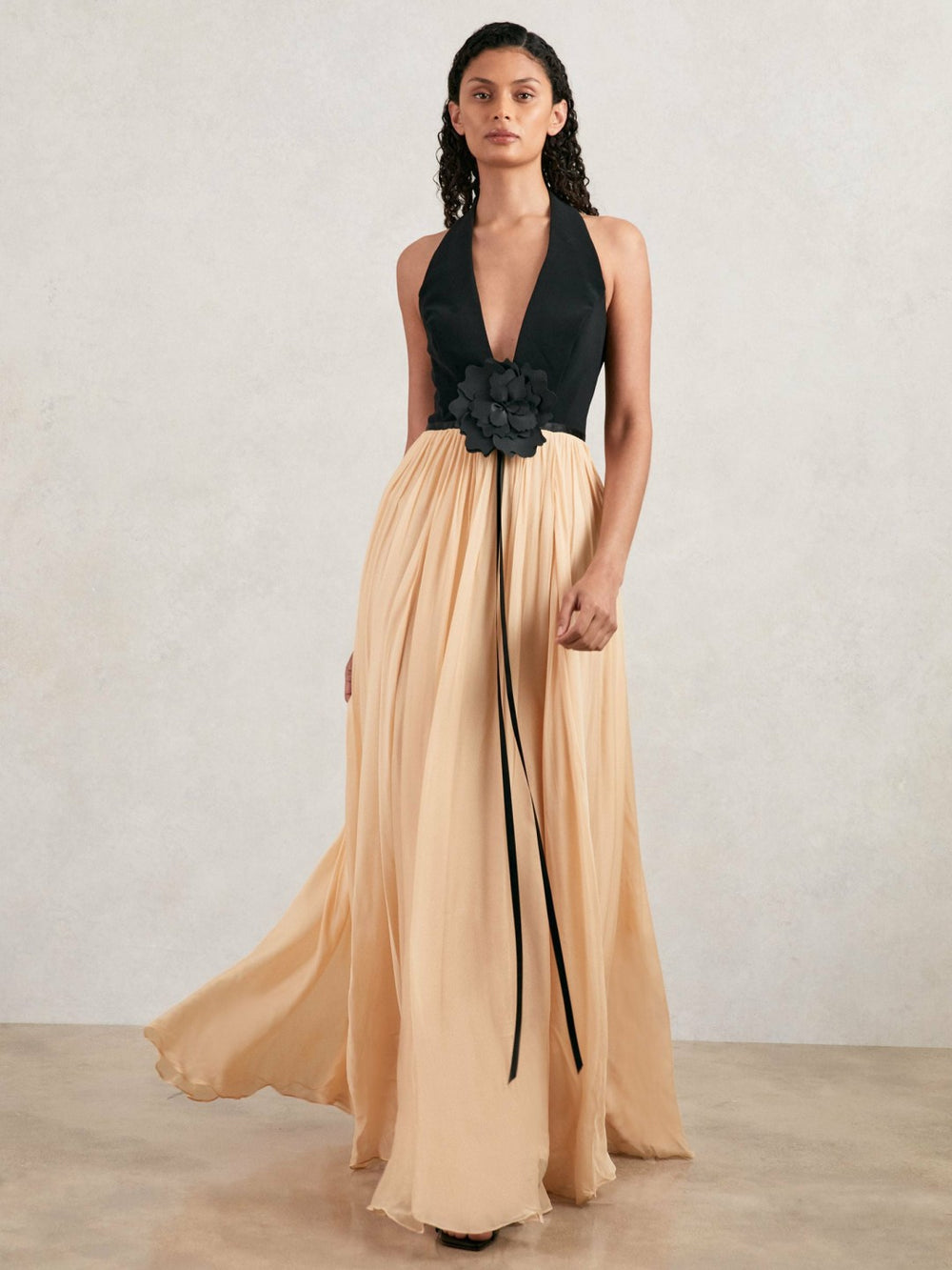 Halston Crepe and Chiffon Maxi Dress Black/Ivory | Womens