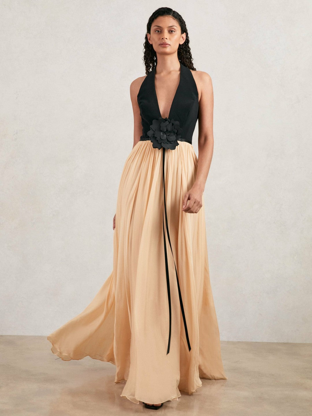 Halston Crepe and Chiffon Maxi Dress Black/Ivory | Womens