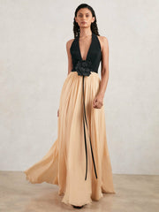 Halston Crepe and Chiffon Maxi Dress Black/Ivory | Womens