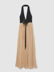 Halston Crepe and Chiffon Maxi Dress Black/Ivory | Womens