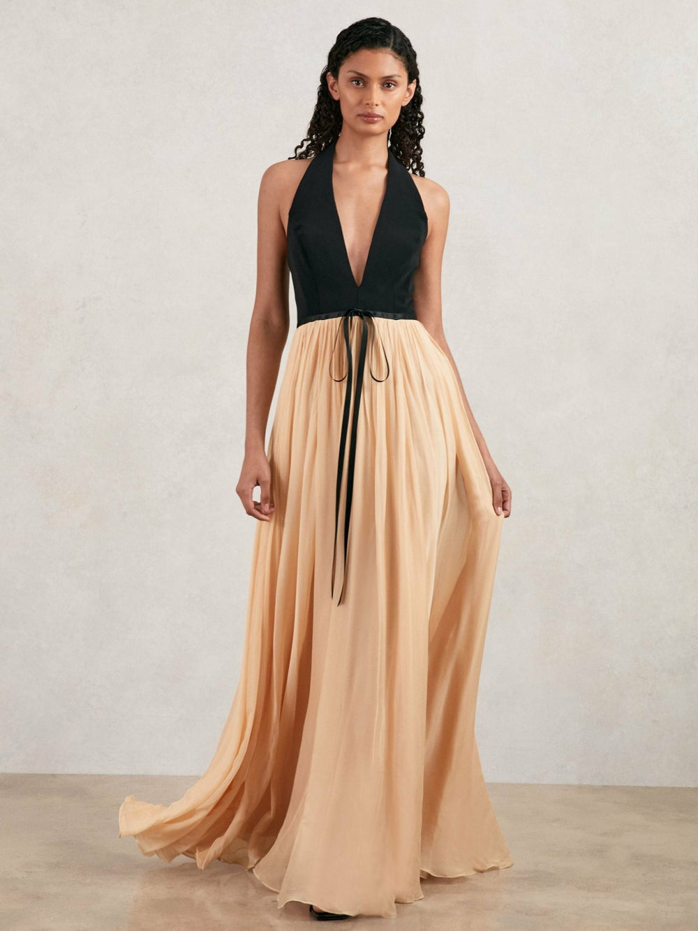 Halston Crepe and Chiffon Maxi Dress Black/Ivory | Womens