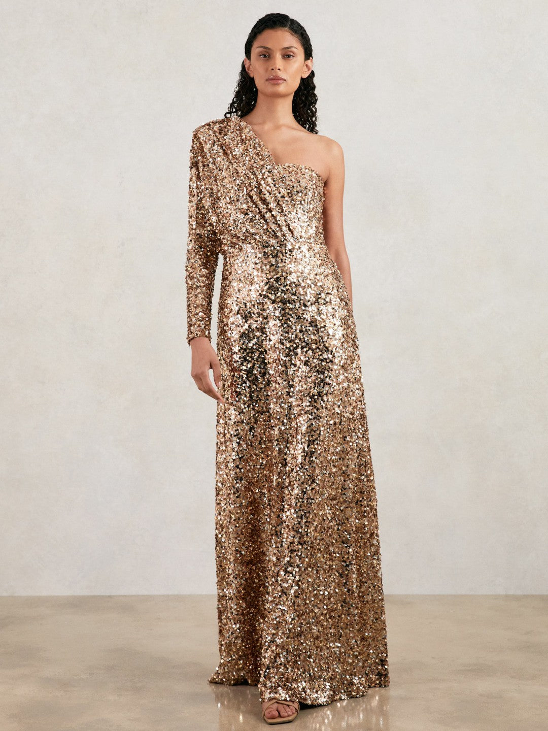 Halston Sequin One Shoulder Maxi Dress Gold | Womens