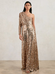 Halston Sequin One Shoulder Maxi Dress Gold | Womens