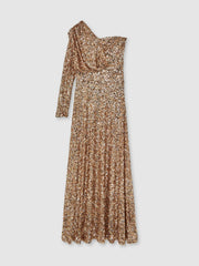 Halston Sequin One Shoulder Maxi Dress Gold | Womens