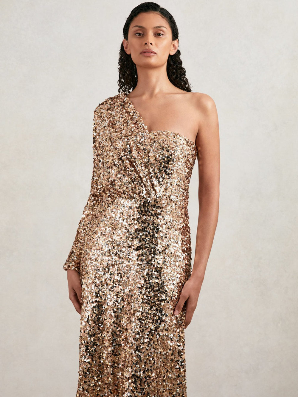 Halston Sequin One Shoulder Maxi Dress Gold | Womens