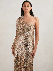 Halston Sequin One Shoulder Maxi Dress Gold | Womens