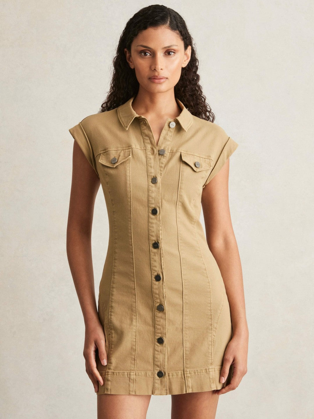 Paige Fern Beige Denim Button Through Mini Dress Fern Beige | Womens