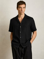 Linen Cuban-Collar Shirt Black | Mens