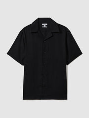 Linen Cuban-Collar Shirt Black | Mens