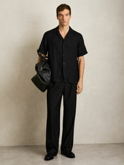 Linen Cuban-Collar Shirt Black | Mens