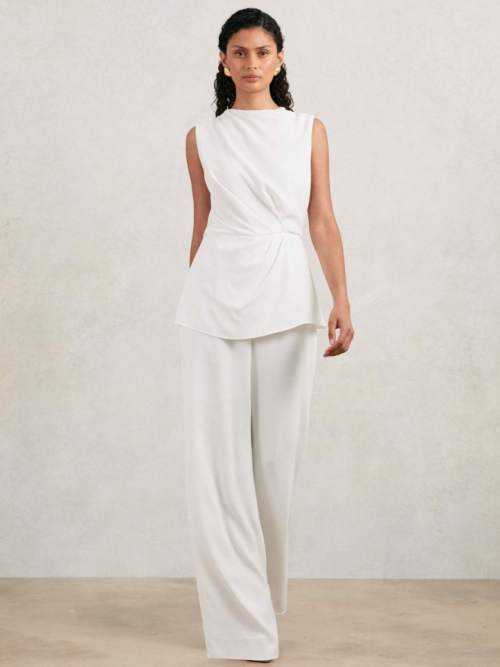 Halston Crepe Wide Leg Jumpsuit Ivory | Womens