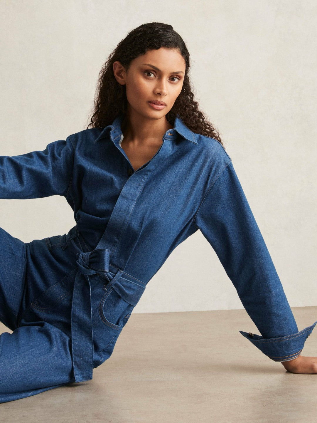 Paige Maraya Blue Wide Leg Belted Denim Jumpsuit Maraya Blue | Womens