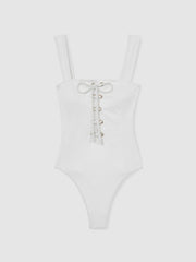 Ribbed Lace-Up Swimsuit White | Womens