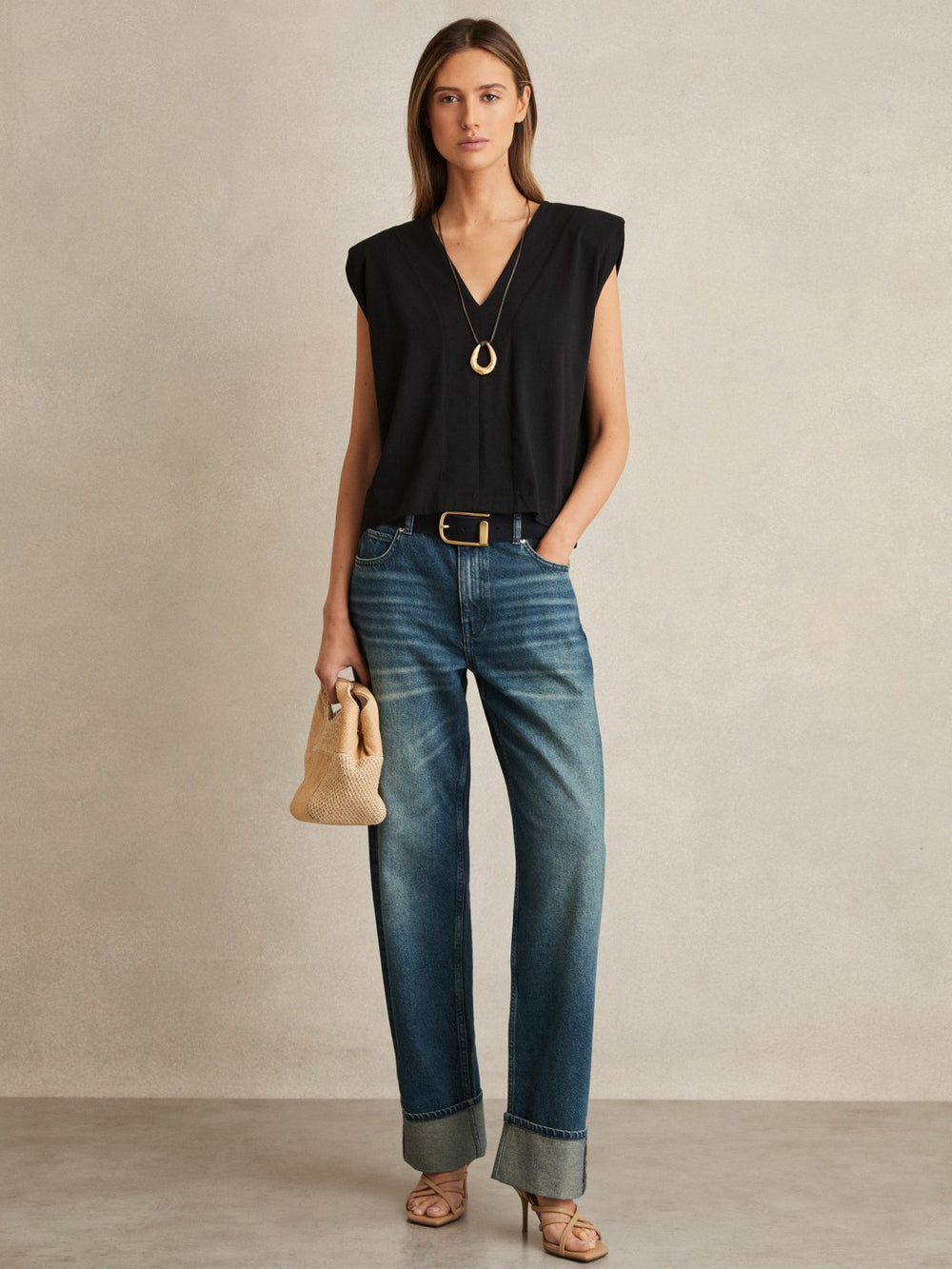 Cotton Shoulder-Pad V-Neck Top Black | Womens