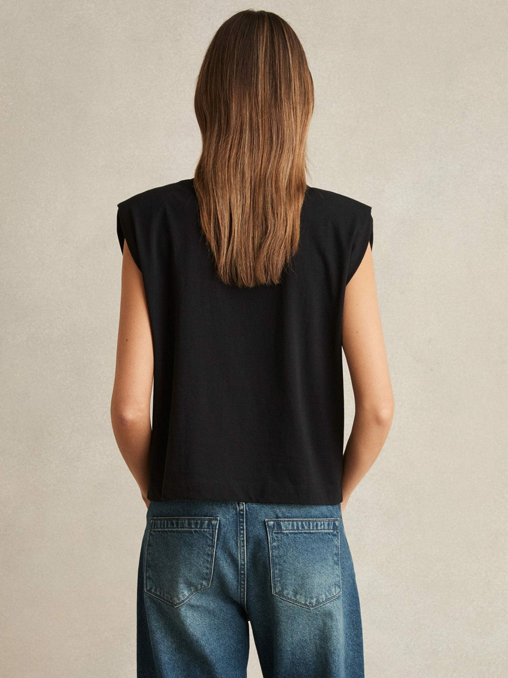 Cotton Shoulder-Pad V-Neck Top Black | Womens