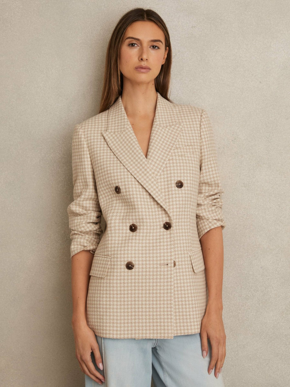 Petite Double Breasted Check Blazer With Wool Neutral Check | Womens