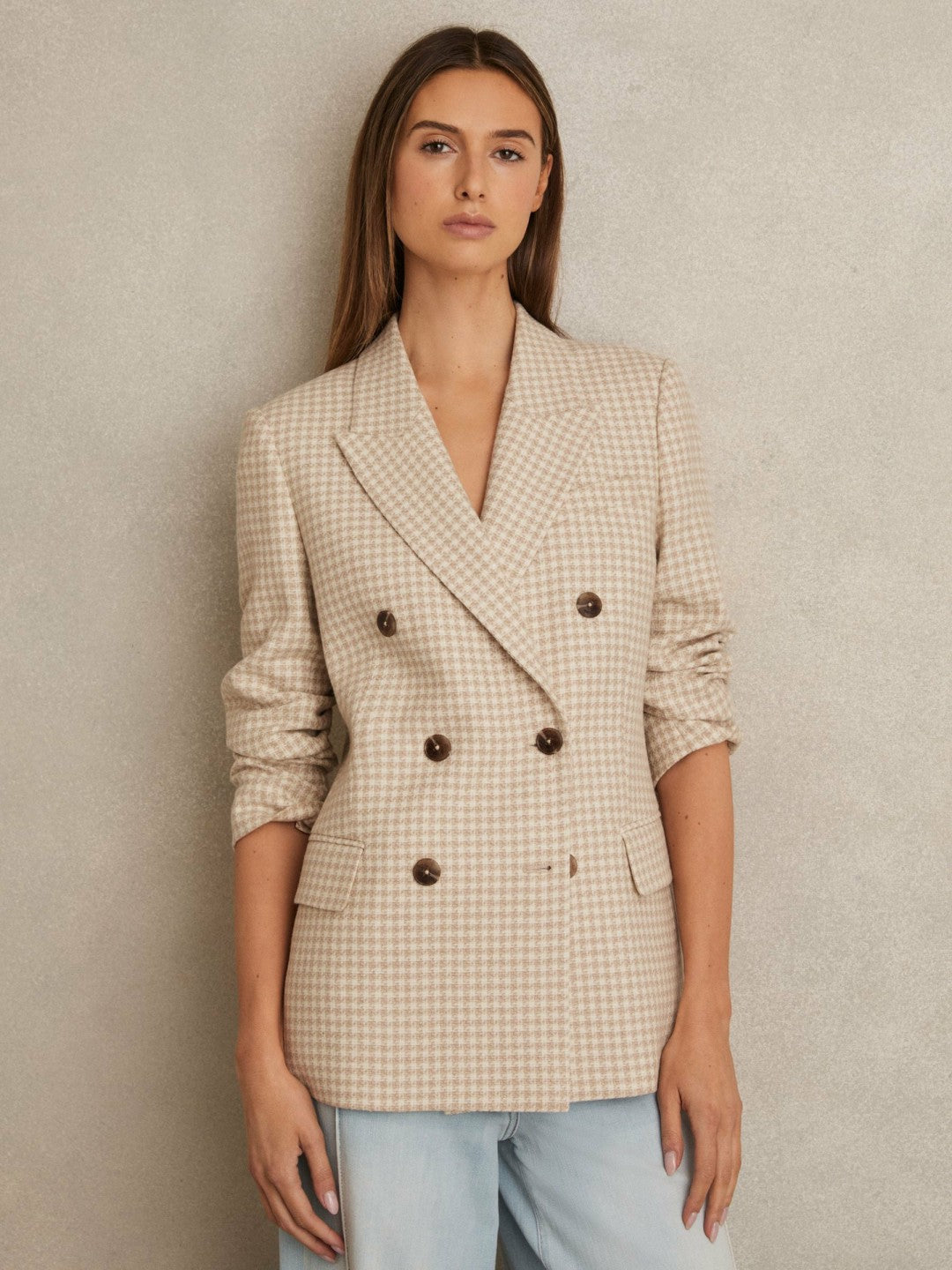 Petite Double Breasted Check Blazer With Wool Neutral Check | Womens