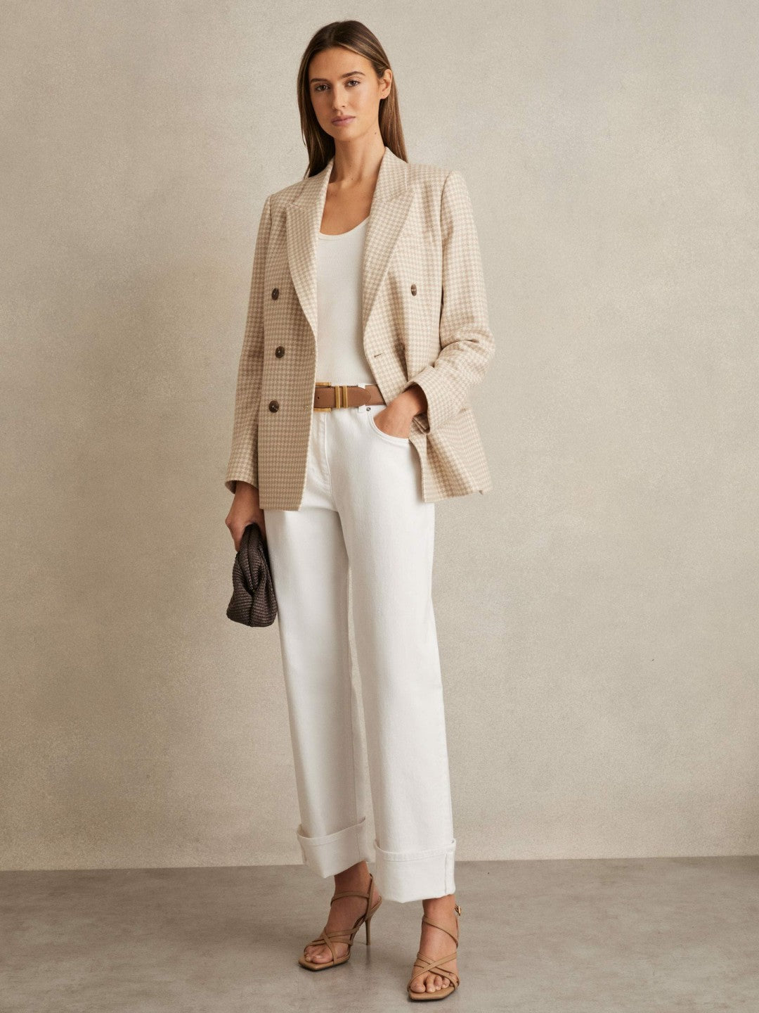 Petite Double Breasted Check Blazer With Wool Neutral Check | Womens