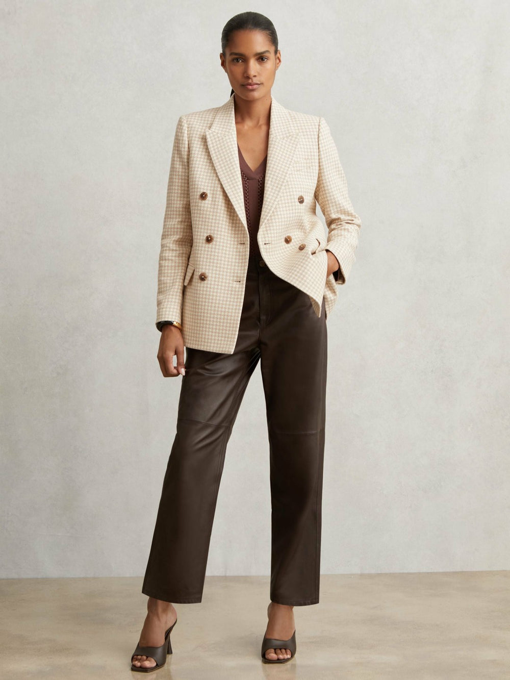 Double Breasted Check Blazer With Wool Neutral Check | Womens