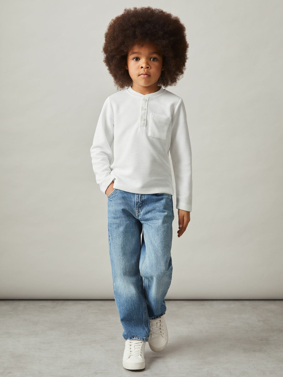 13-14 yrs Cotton-Blend Waffle Henley T-Shirt White | Children