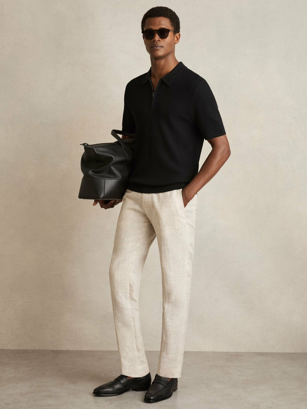 Textured Half-Zip Polo Shirt Black | Mens