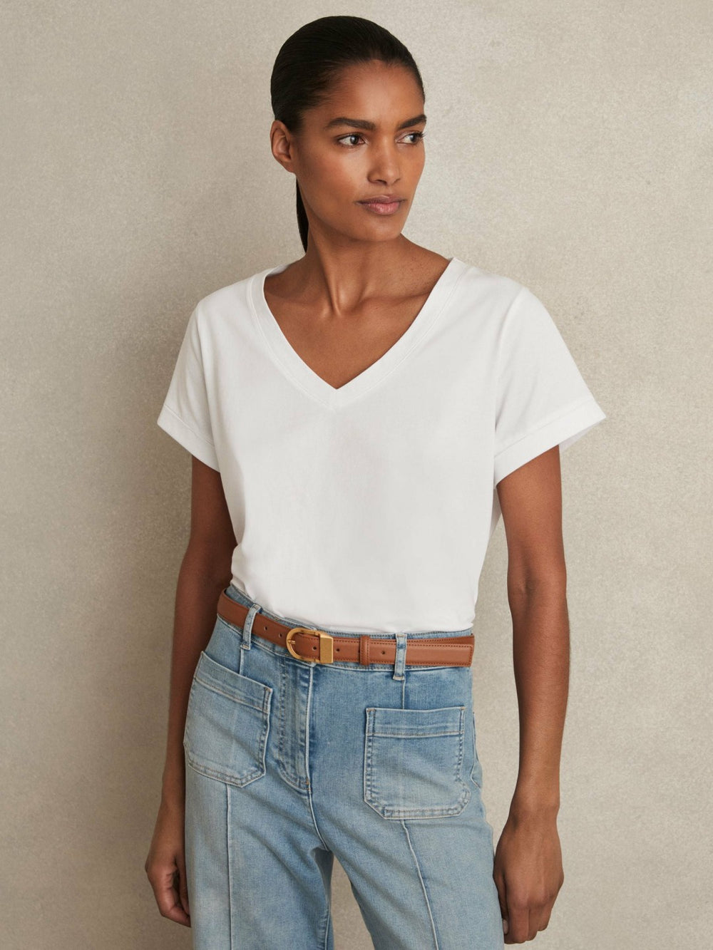 Brushed-Cotton V-Neck T-Shirt White | Womens
