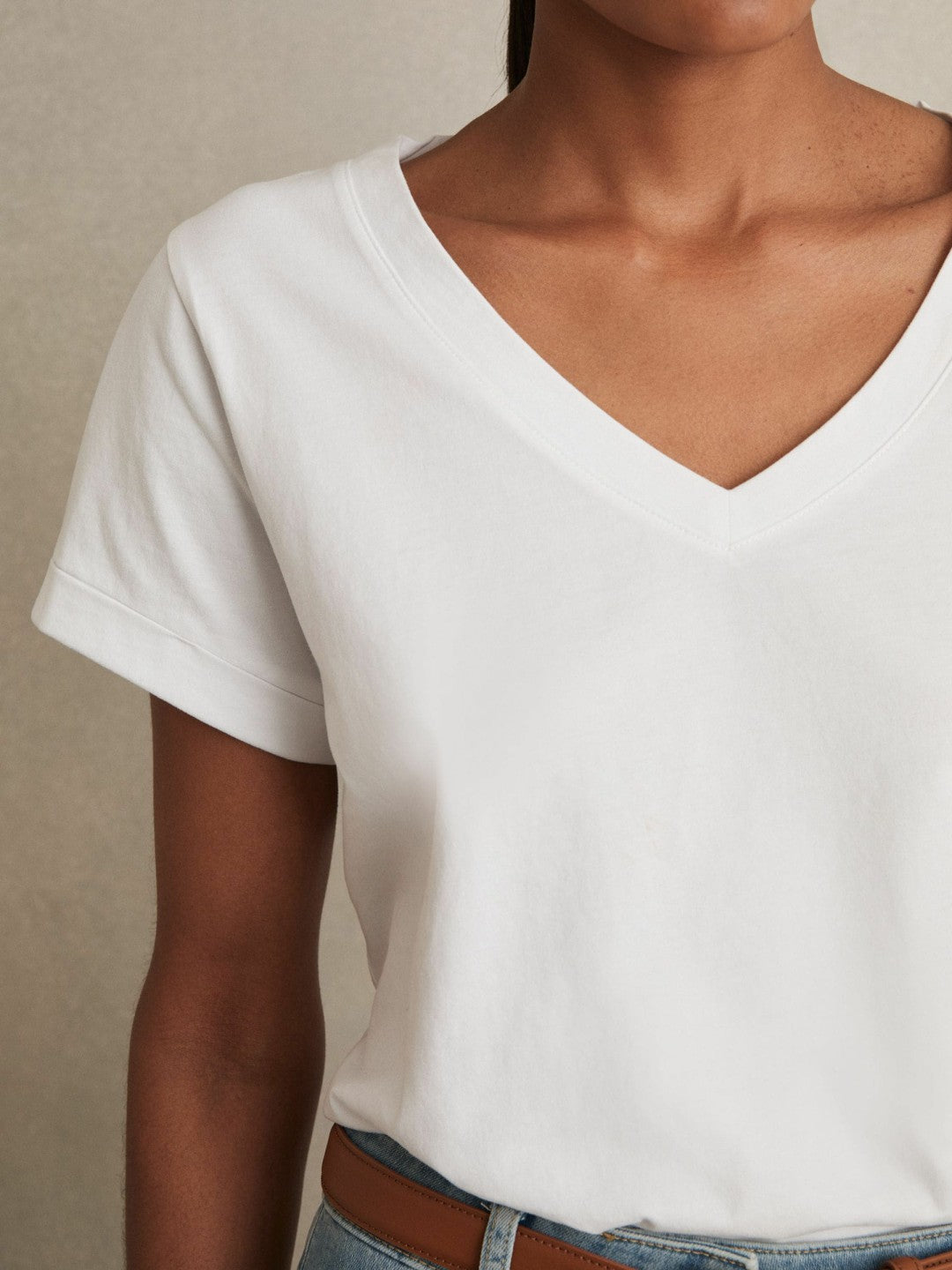 Brushed-Cotton V-Neck T-Shirt White | Womens