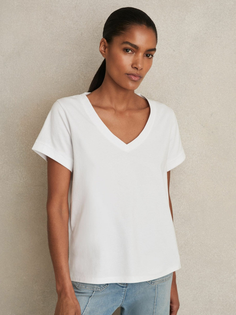 Brushed-Cotton V-Neck T-Shirt White | Womens