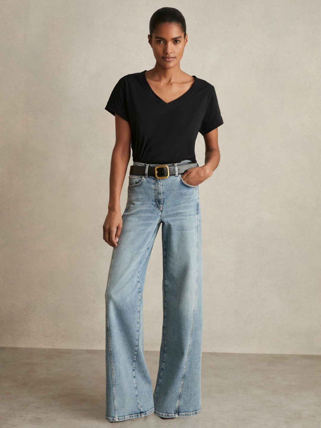 Brushed-Cotton V-Neck T-Shirt Black | Womens