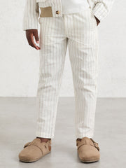 9-13 yrs Cotton Pinstripe Trousers Regular-Fit Off White/Taupe Brown | Children