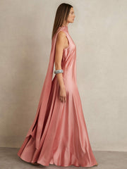 Satin Cape Maxi Dress Pink | Womens