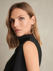 Draped-Front High-Neck Midi Dress Black | Womens