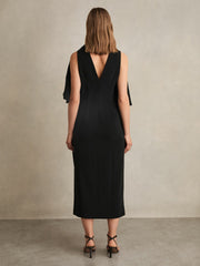 Draped-Front High-Neck Midi Dress Black | Womens