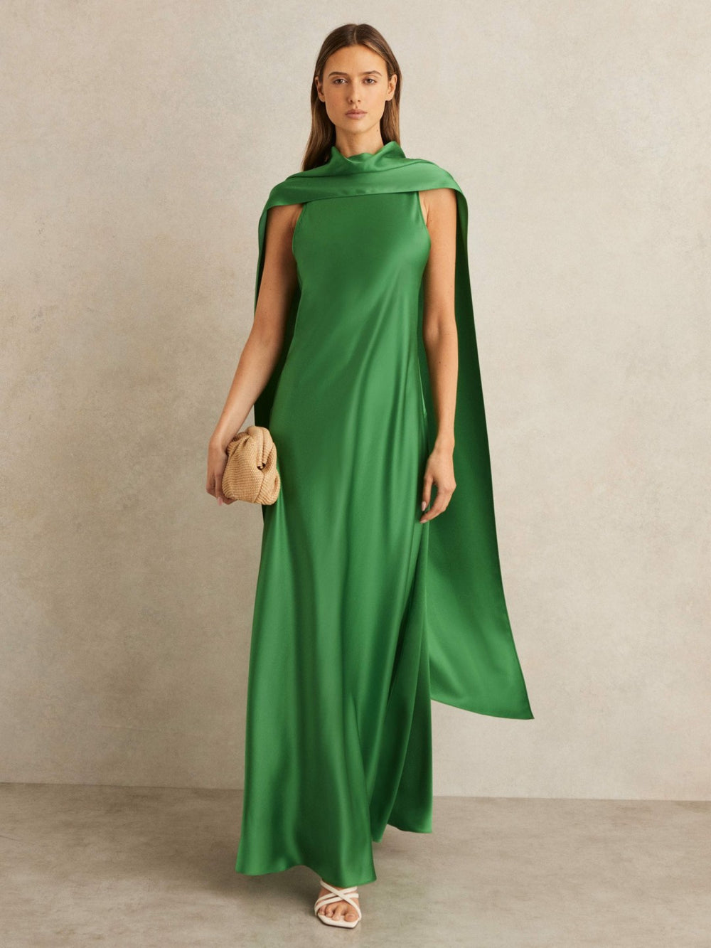 Satin Cape Maxi Dress Green | Womens