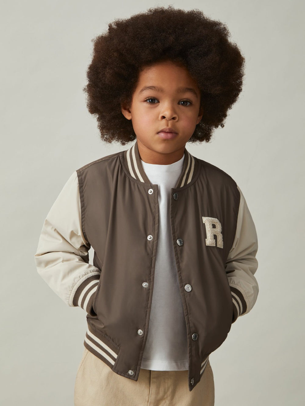 13-14 yrs Colour-Block Varsity Bomber Jacket Mink Brown/Off White | Children