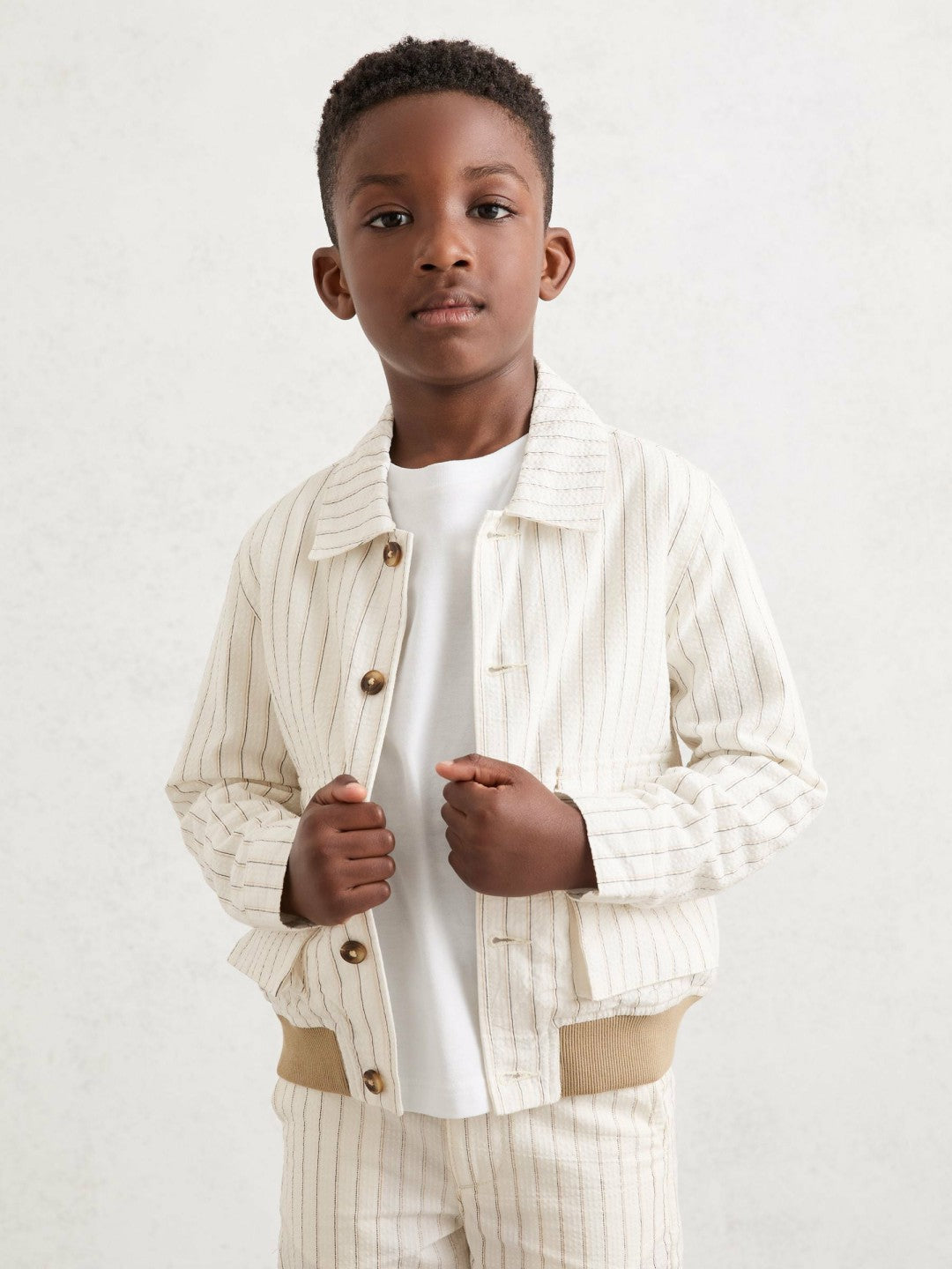 3-9 yrs Cotton Pinstripe Harrington Jacket Off White/Taupe Brown | Children