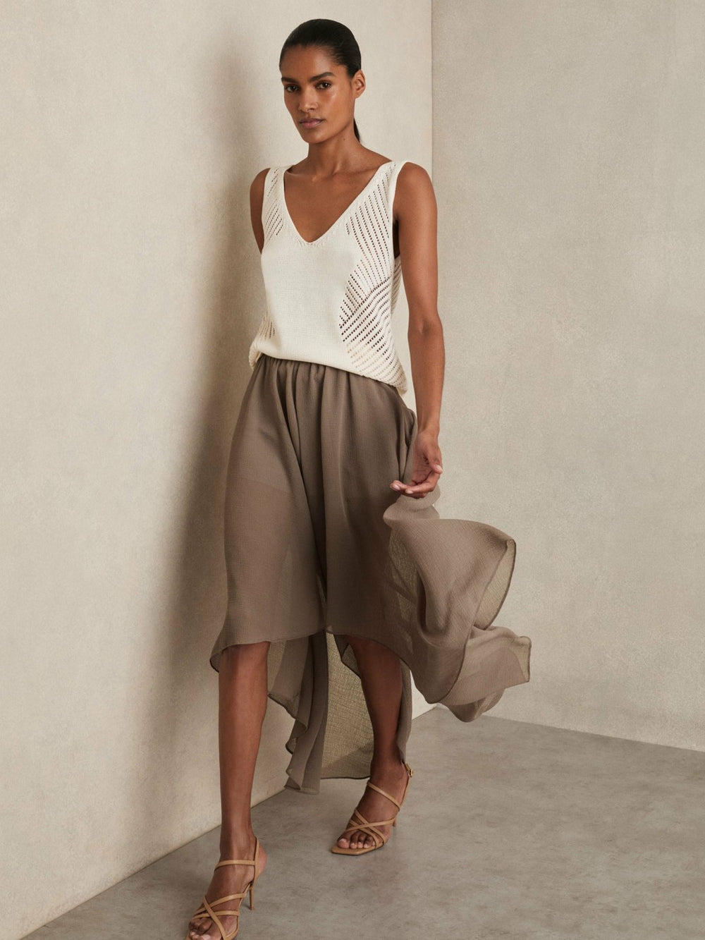 Sheer-Overlay High-Low Shorts Mink Neutral | Womens