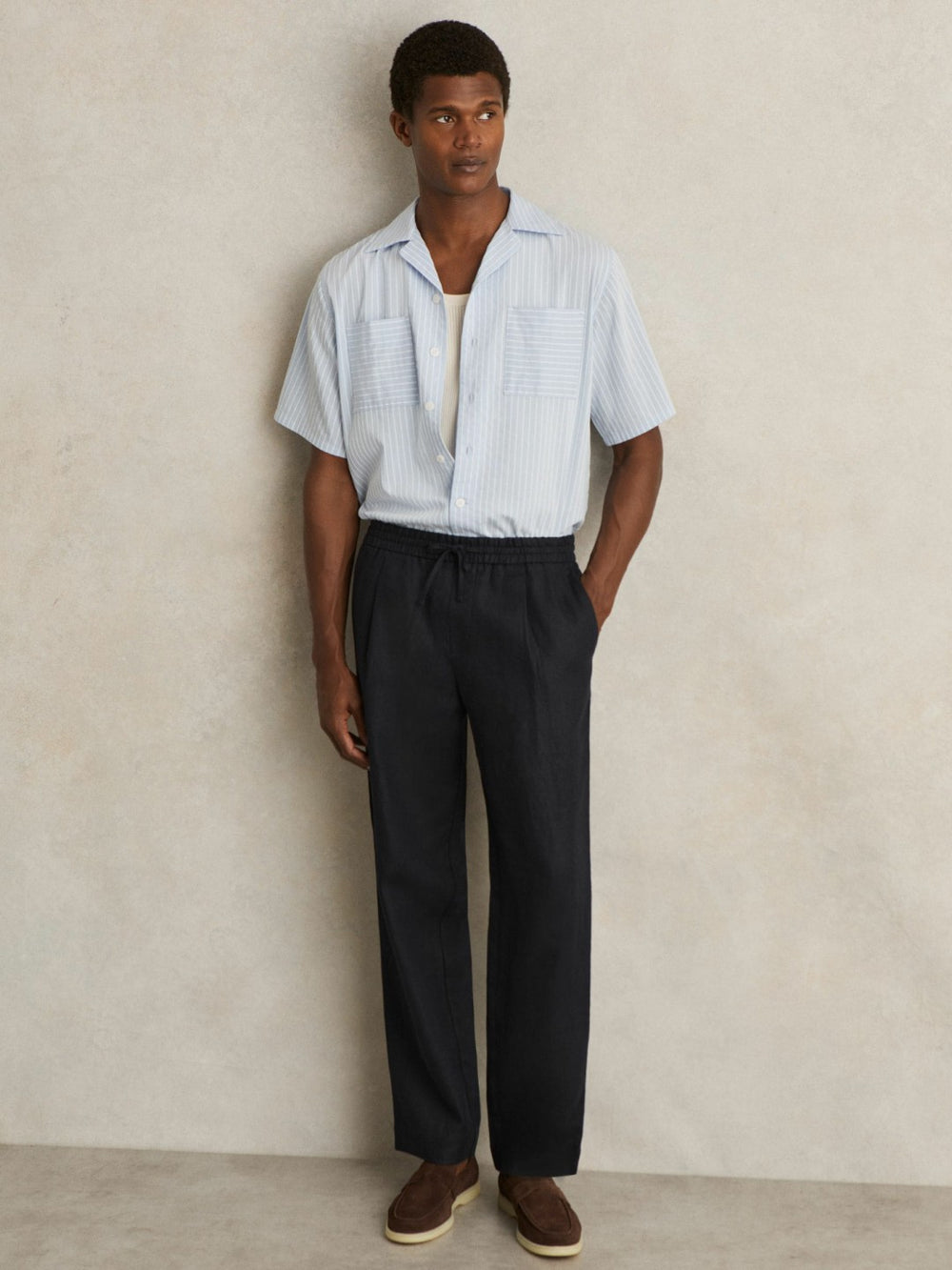 Linen Drawstring Relaxed-Fit Trousers Navy | Mens