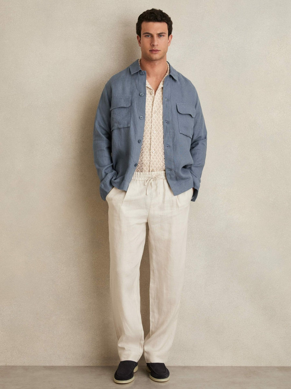 Linen Twin-Pocket Overshirt Airforce Blue | Mens