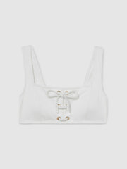 Ribbed Lace-Up Bikini Top White | Womens
