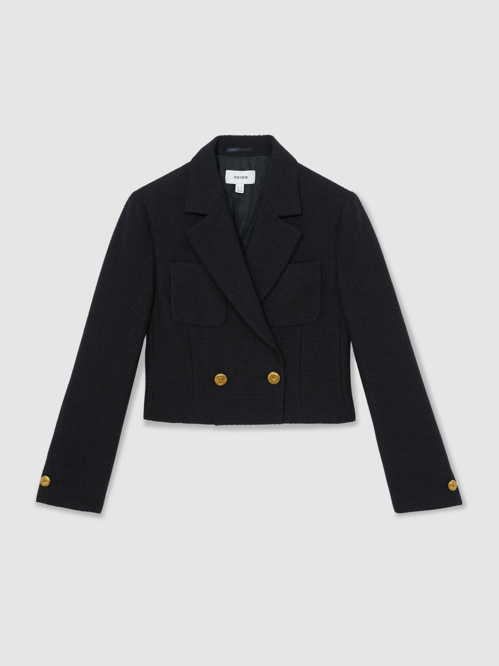 Double-Breasted Textured Cropped Blazer with Wool and Cotton Navy | Womens